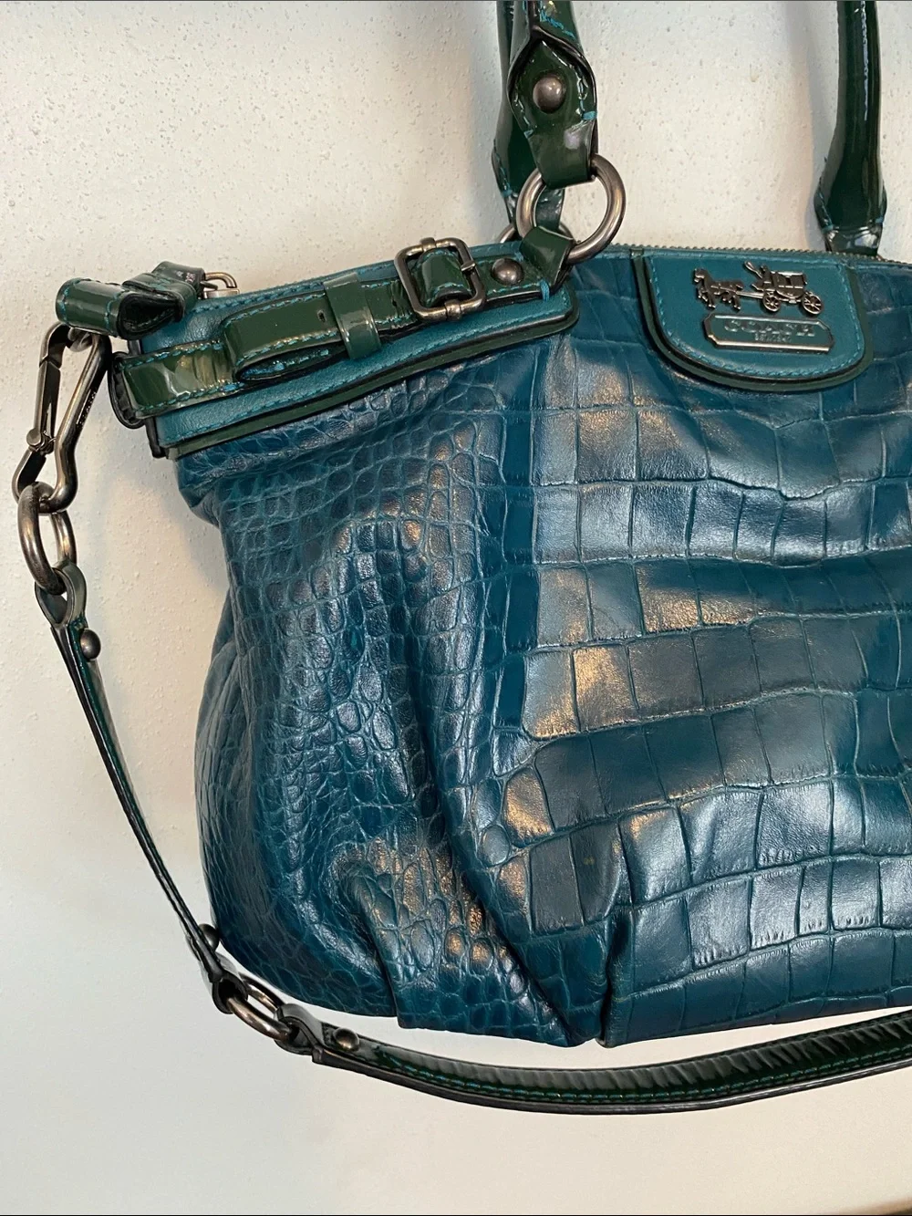 Coach Teal Croc-Embossed Leather Shoulder Bag with Dark Green Trim